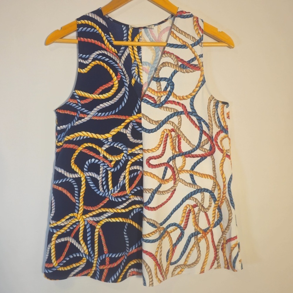 MNG Suit Women Sleeveless Blouse Size 4 Nautical Rope Print Split Colorblock Top - Picture 2 of 7
